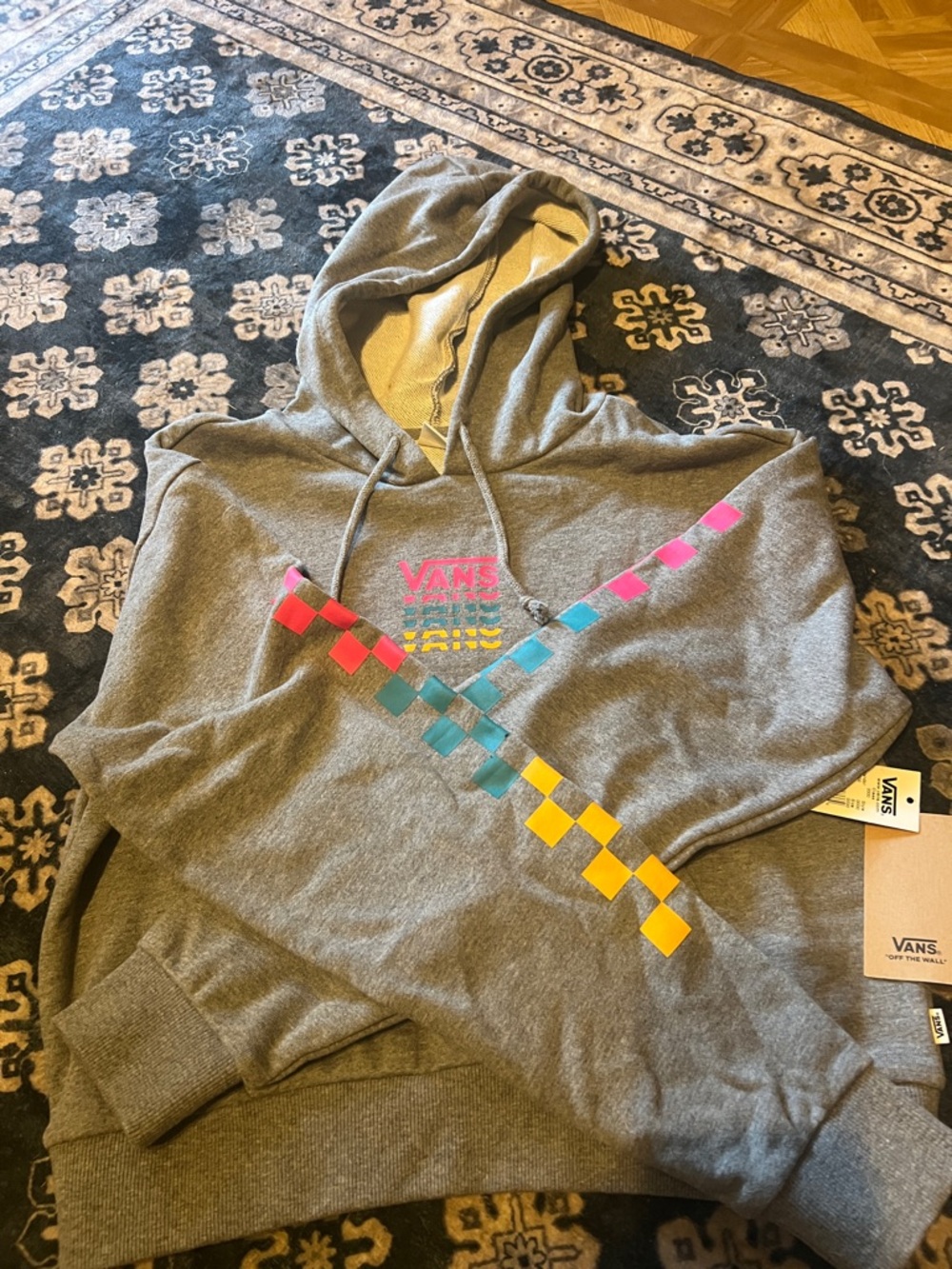 Vans Gray Hoodie with Pink Teal and Yellow Checker Stripe